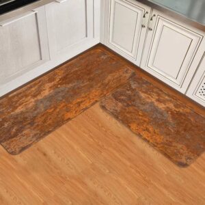 Kitchen Rug Set of 2 Iron Brown Copper Old Rusty High Abstract Damaged Orange Rustic Aged Corrosion Dirty Steel Anti Fatigue Non Skid Washable Cushion Doormat Bathroom Runner Rugs Bedroom Area Carpet
