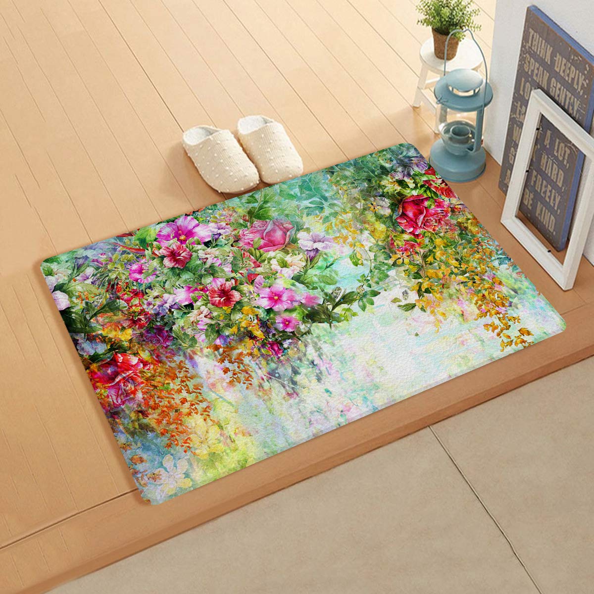 Colorful Floral Antifatigue Kitchen Bath Door Mat Cushioned Runner Rug,Washable Welcome Floor Sink Mat,Print Blooming Spring Watercolor Waterproof & Non-Slip Comfort Standing Doormat,18"x30"