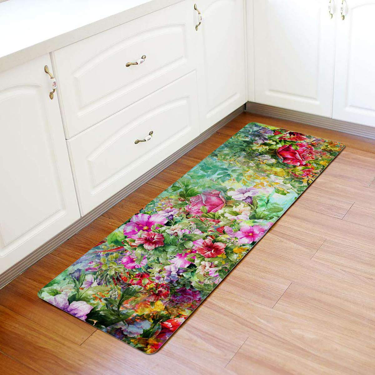 Colorful Floral Antifatigue Kitchen Bath Door Mat Cushioned Runner Rug,Washable Welcome Floor Sink Mat,Print Blooming Spring Watercolor Waterproof & Non-Slip Comfort Standing Doormat,18"x30"