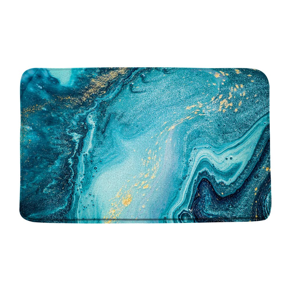 Turquoise Marble Texture Bath Mat Teal Gold Blue Mable Granite Natural Luxury Ombre Abstract Modern Geometry Artwork Contemporary Bathroom Memory Foam Kitchen Rugs,17.8x29.5 Inch