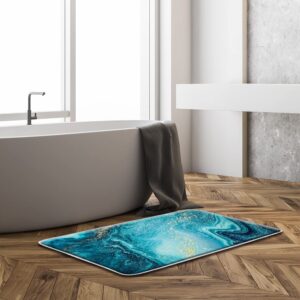 Turquoise Marble Texture Bath Mat Teal Gold Blue Mable Granite Natural Luxury Ombre Abstract Modern Geometry Artwork Contemporary Bathroom Memory Foam Kitchen Rugs,17.8x29.5 Inch