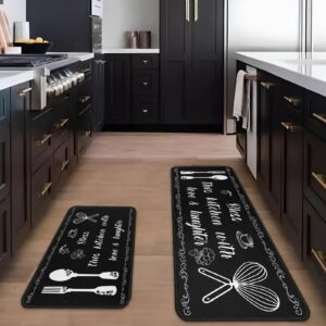 Black Kitchen with Love Kitchen Rugs 2Pcs Kitchen Floor Mats for Restaurant Kitchen Farmhouse Floor Decor Non Slip Washable Standing Kitchen Runner Mats 17"x30"+17"x47"