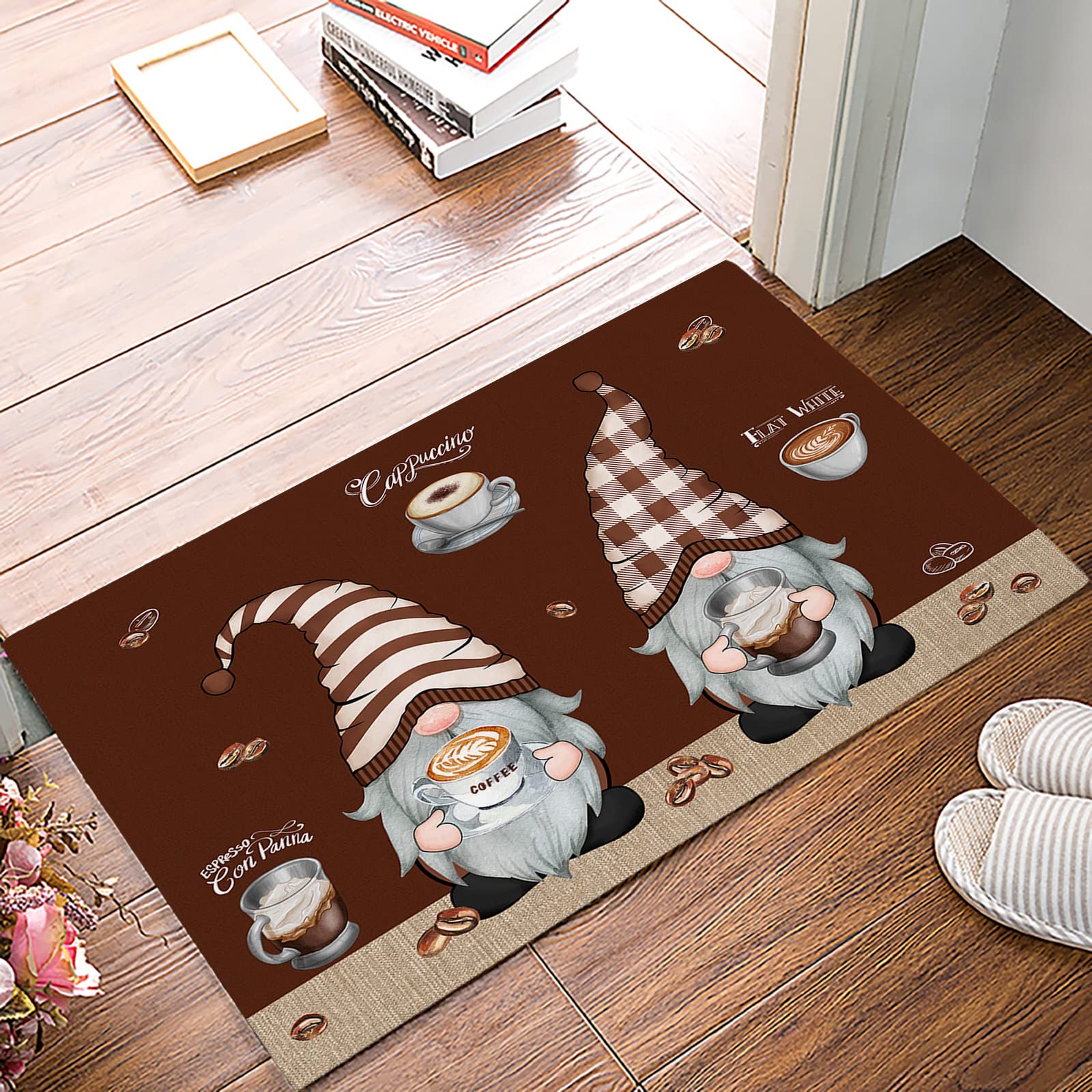 Coffee Gnome Indoor Doormat Bath Rugs Non Slip, Washable Cover Floor Rug Absorbent Carpets Floor Mat Home Decor for Kitchen Bathroom Bedroom Coffee Beans on Brown Background 16x24in