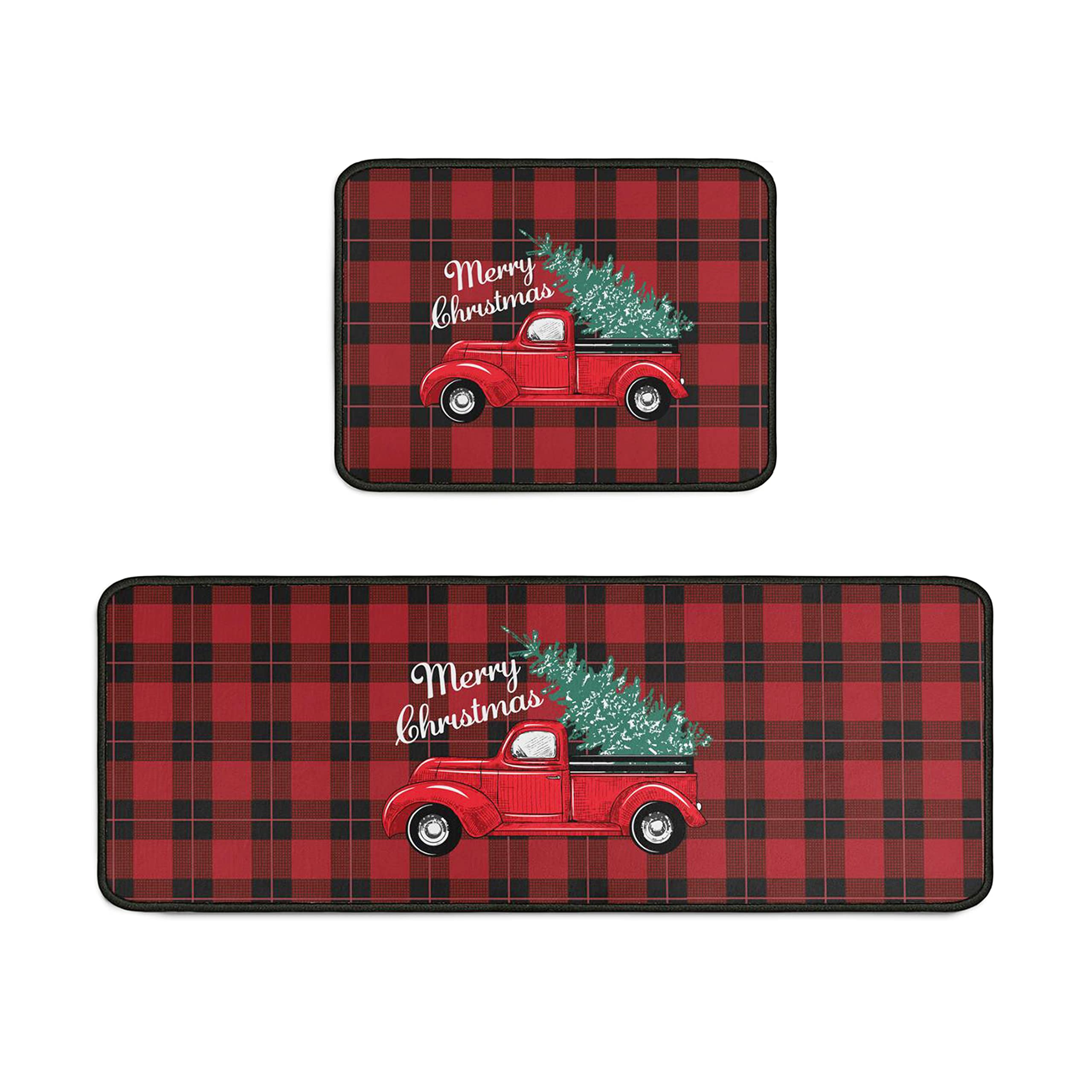 Fuoxowk Christmas Tree Truck Kitchen Mat and Rug Set-Buffalo Plaid Kitchen Rugs and Mats Non Skid Washable,Floor Cushion Waterproof Rug,Rubber Backed Area Rugs for Kitchen Sink,Indoor Floor,Red