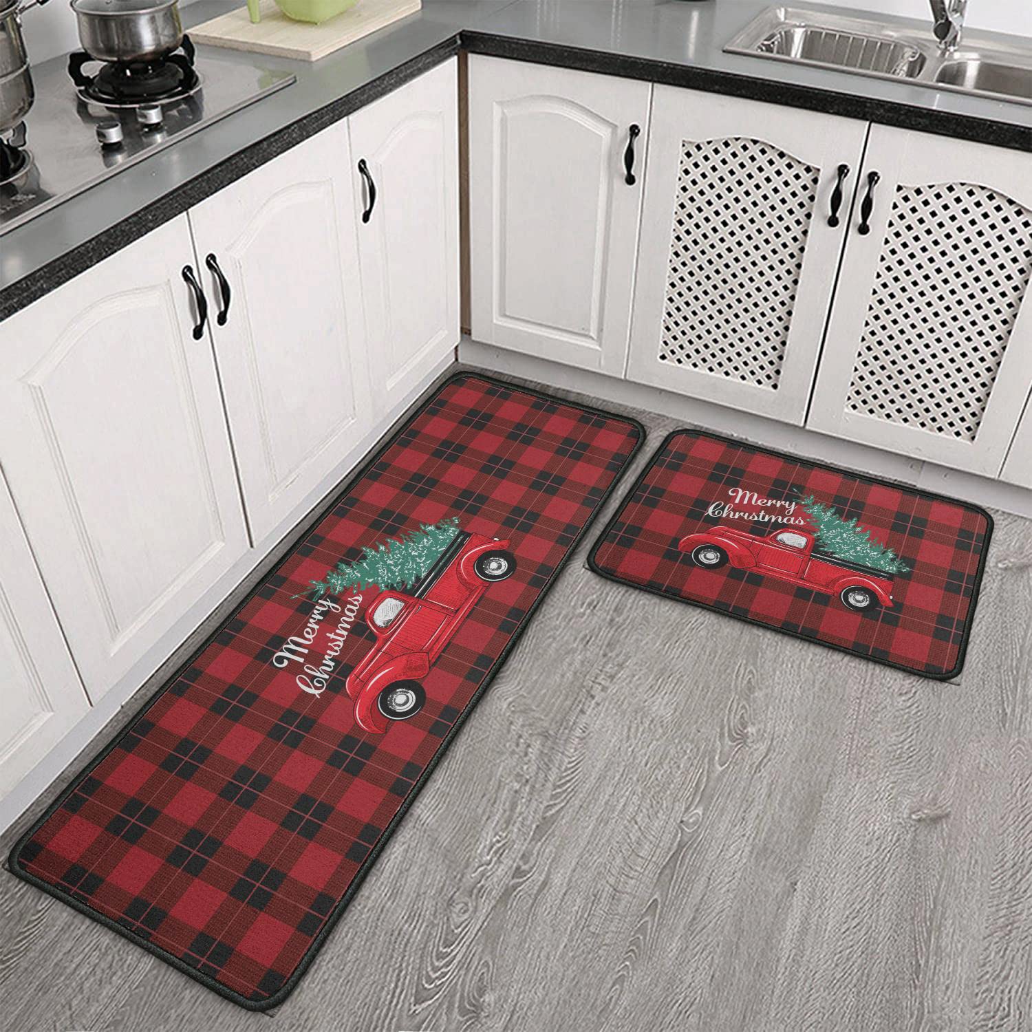 Fuoxowk Christmas Tree Truck Kitchen Mat and Rug Set-Buffalo Plaid Kitchen Rugs and Mats Non Skid Washable,Floor Cushion Waterproof Rug,Rubber Backed Area Rugs for Kitchen Sink,Indoor Floor,Red