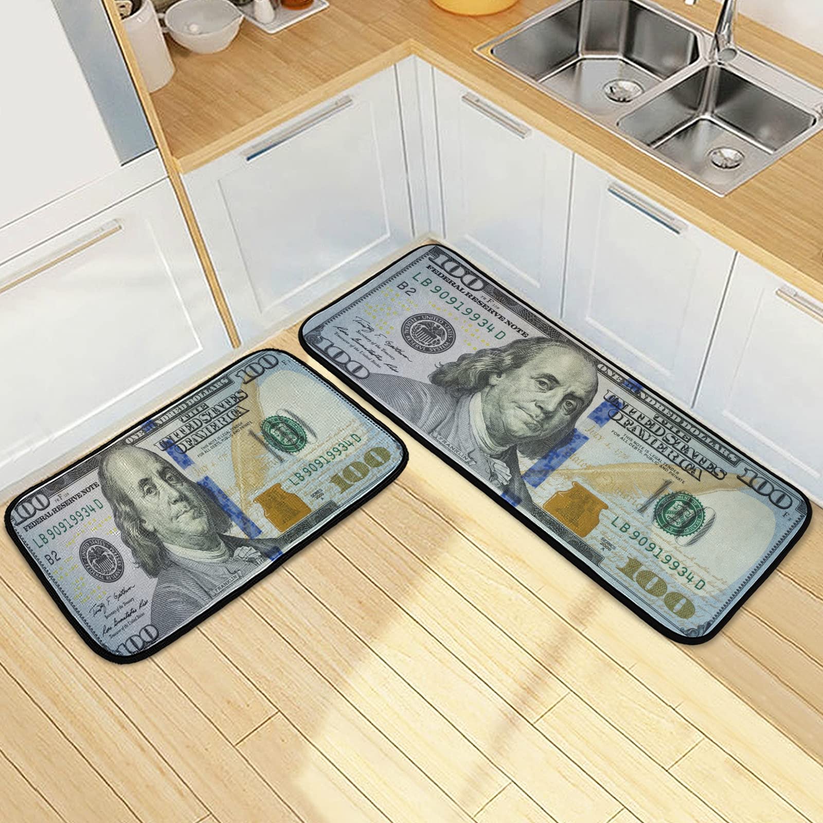 Kitchen Rugs and Mats 2 Pieces 100 Dollar Bill Print Anti Fatigue Kitchen Rug Set Non Slip Bath Mat Entry Floor Carpet Entrance Door Mat Runner 20"x28"+20"x47" 20"x28"+20"x47"