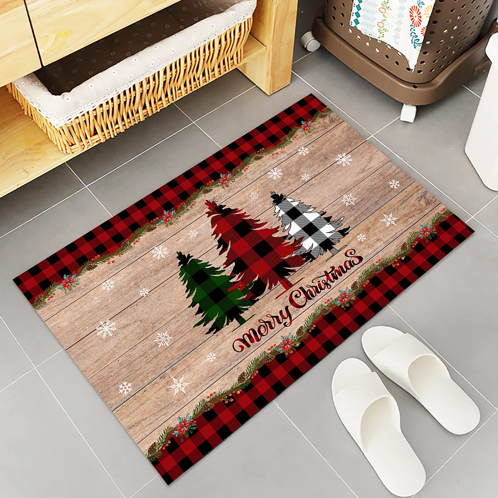 Merry Chirstmas Kitchen Rugs Sets 2 Piece Floor Mats Buffalo Plaid Farm Xmas Tree Snowflake Pine Tree Doormat Non-Slip Backing Area Rugs Carpet Inside Door Mat Pad Sets-15.7" x 23.6"+15.7" x 47.2"