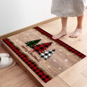 Merry Chirstmas Kitchen Rugs Sets 2 Piece Floor Mats Buffalo Plaid Farm Xmas Tree Snowflake Pine Tree Doormat Non-Slip Backing Area Rugs Carpet Inside Door Mat Pad Sets-15.7" x 23.6"+15.7" x 47.2"