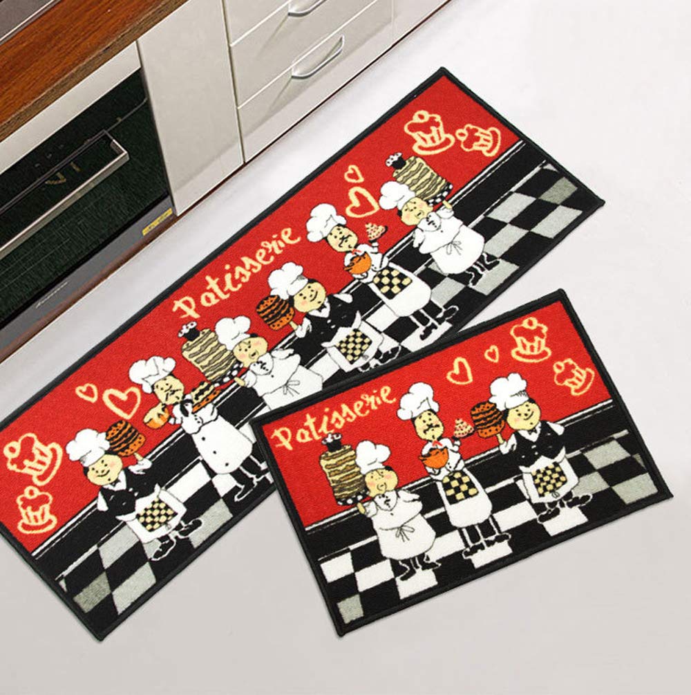 Wolala Home Non-Slip Rubber Backing Kitchen Rug Sets Chef and Black White Checkered Pattern Area Rugs for Kithen Floor/Door/Dinning Room Washable/Easy Clean Mat (Red, 1'3x2'0+1'3x4'0)