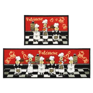 Wolala Home Non-Slip Rubber Backing Kitchen Rug Sets Chef and Black White Checkered Pattern Area Rugs for Kithen Floor/Door/Dinning Room Washable/Easy Clean Mat (Red, 1'3x2'0+1'3x4'0)