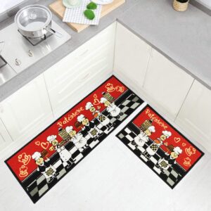 Wolala Home Non-Slip Rubber Backing Kitchen Rug Sets Chef and Black White Checkered Pattern Area Rugs for Kithen Floor/Door/Dinning Room Washable/Easy Clean Mat (Red, 1'3x2'0+1'3x4'0)