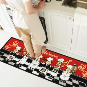 Wolala Home Non-Slip Rubber Backing Kitchen Rug Sets Chef and Black White Checkered Pattern Area Rugs for Kithen Floor/Door/Dinning Room Washable/Easy Clean Mat (Red, 1'3x2'0+1'3x4'0)