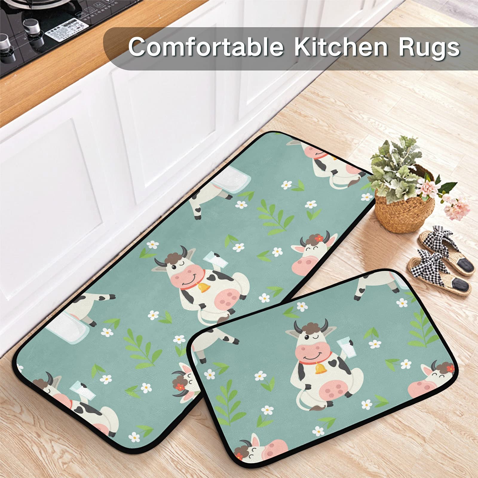 MCHIVER Farm Cow Kitchen Rugs Set Anti Fatigue Kitchen Mat 2 Pieces for Floor Non-Slip Cushioned Runner Rug Standing Mat for Kitchen Bedroom Bathroom Home Decor