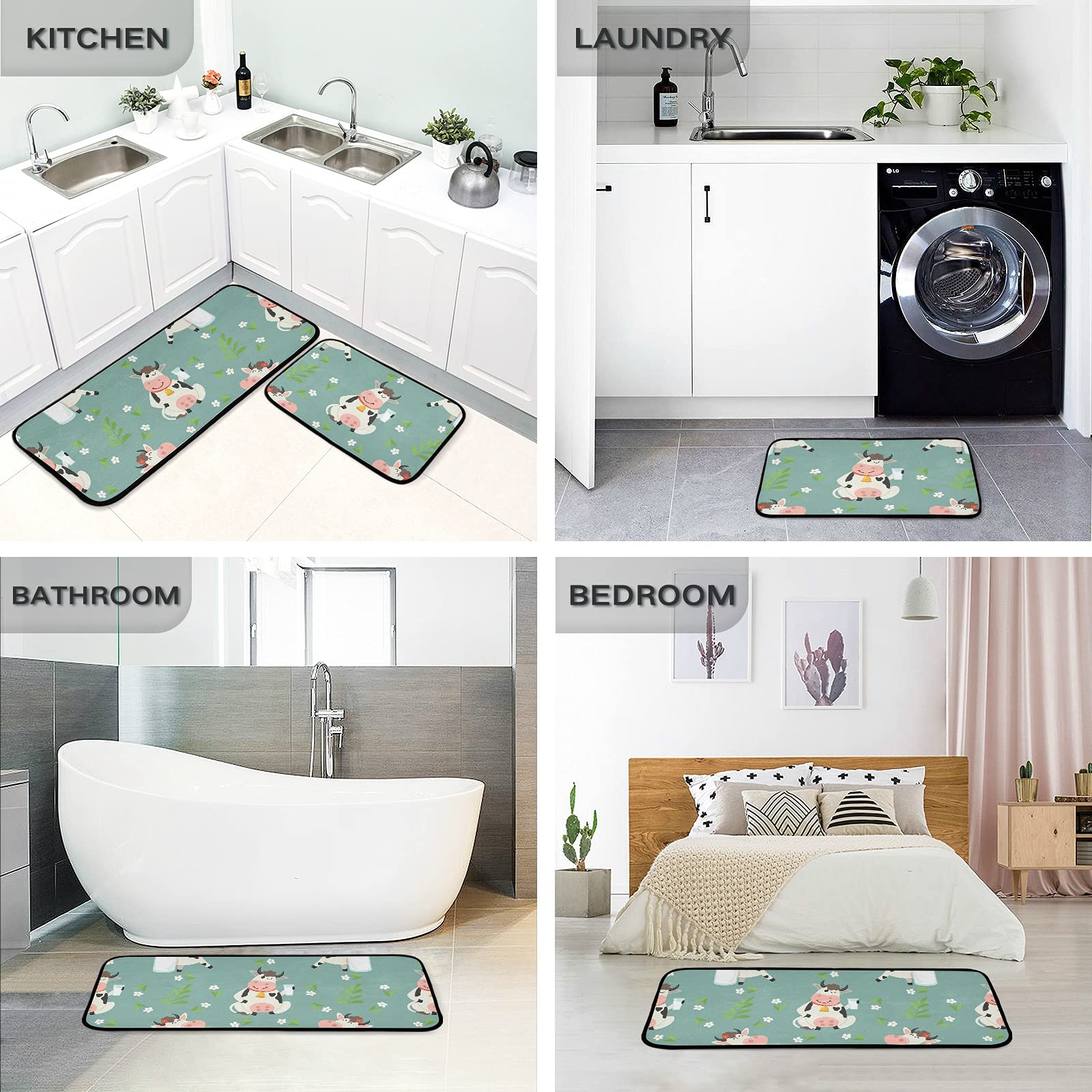 MCHIVER Farm Cow Kitchen Rugs Set Anti Fatigue Kitchen Mat 2 Pieces for Floor Non-Slip Cushioned Runner Rug Standing Mat for Kitchen Bedroom Bathroom Home Decor