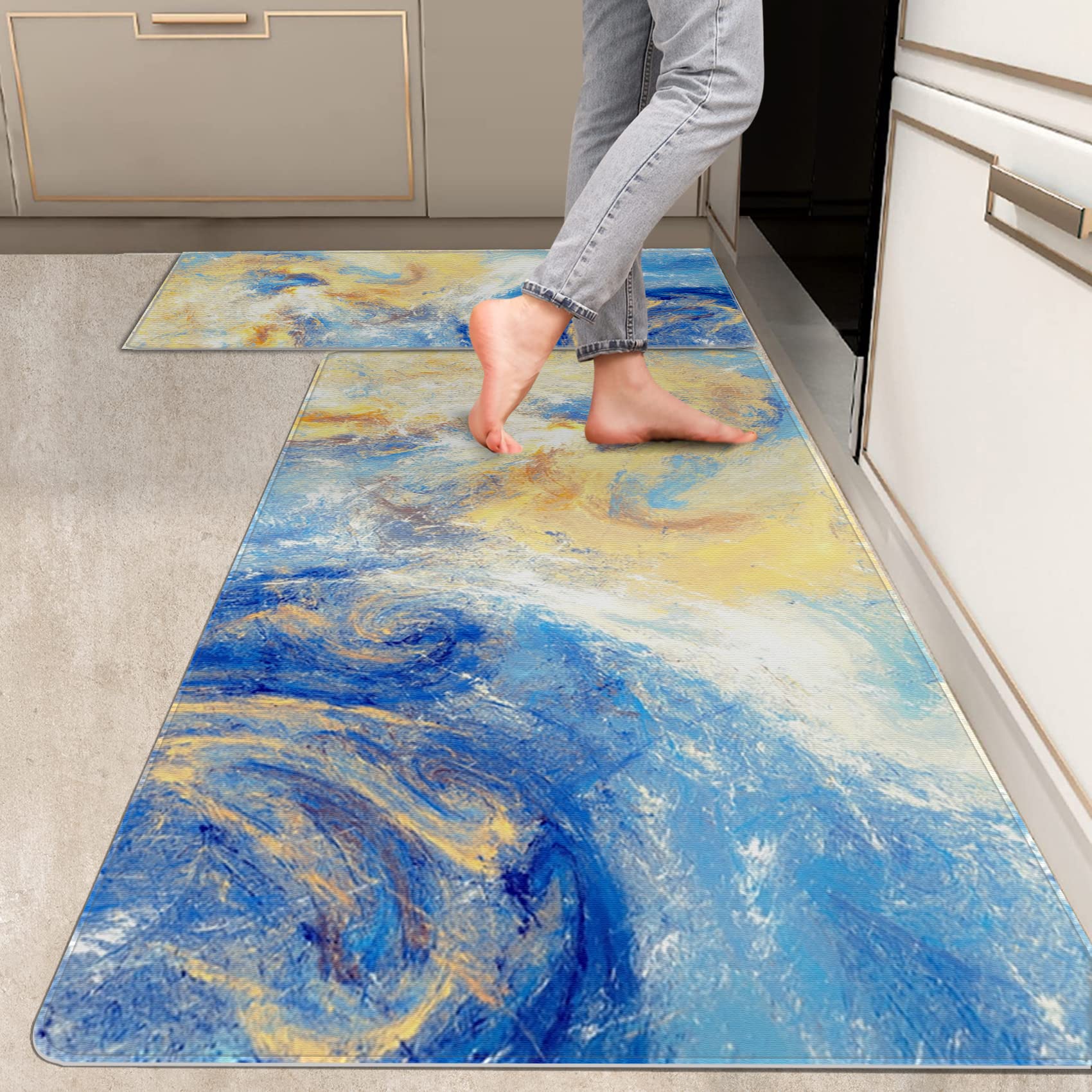 RYANZA 2 Pieces Kitchen Rugs, Abstract Anti Fatigue Non Slip Foam Cushioned Art Light Blue Yellow Painting Comfort Indoor Floor Mat Runner Rug Set for Laundry Office Sink Bathroom (17"X48"+17"X24")