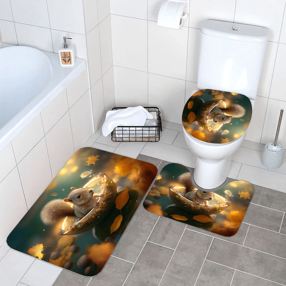 Chieraf Adorable Baby Squirrel in a Magical Acorn Boat Rugs Mats Sets Toilet Cover Cushion 3 Piece, Kitchen Sink Mat Painting Absorbent Machine Washable Non-Slip Soft Indoor Bath Mat