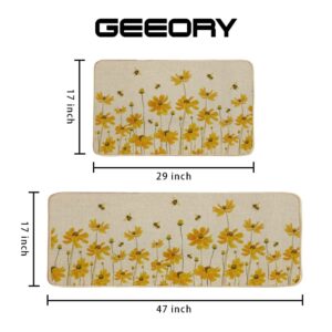 GEEORY Kitchen Mats for Floor Set of 2,Yellow Flowers Floor Mat Farmhouse Seasonal Holiday Decor for Home Kitchen - 17x29 and 17x47 Inch