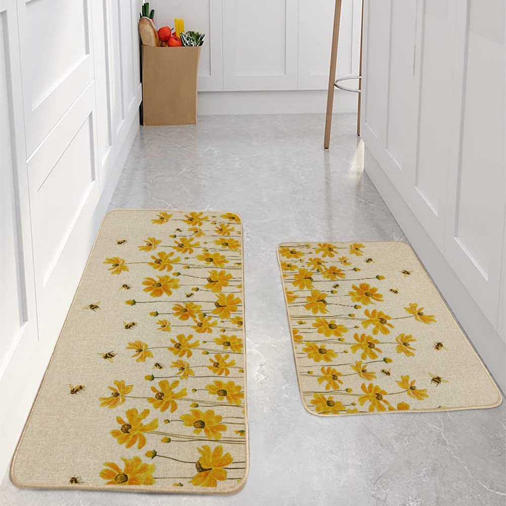 GEEORY Kitchen Mats for Floor Set of 2,Yellow Flowers Floor Mat Farmhouse Seasonal Holiday Decor for Home Kitchen - 17x29 and 17x47 Inch