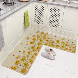 GEEORY Kitchen Mats for Floor Set of 2,Yellow Flowers Floor Mat Farmhouse Seasonal Holiday Decor for Home Kitchen - 17x29 and 17x47 Inch