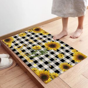 Door Mat for Bedroom Decor, Rustic Sunflowers Farm Honey Bees You My Sunshine Black Plaid Floor Mats, Absorbent Rugs for Living Room, Non-Slip Bathroom Rugs Home Decor Kitchen Mat Area Rug 18x30 Inch