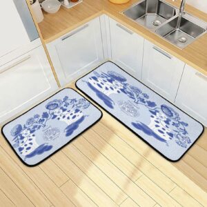 juama staffordshire dogs in chinoiserie style blue & white porcelain kitchen rugs set 2 pcs non slip memory foam floor standing mats runner rug for home bathroom, 19.7x47.2'', multicolor, one size