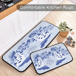 JUAMA Staffordshire Dogs in Chinoiserie Style Blue & White Porcelain Kitchen Rugs Set 2 Pcs Non Slip Memory Foam Floor Standing Mats Runner Rug for Home Bathroom, 19.7x47.2'', Multicolor, one size