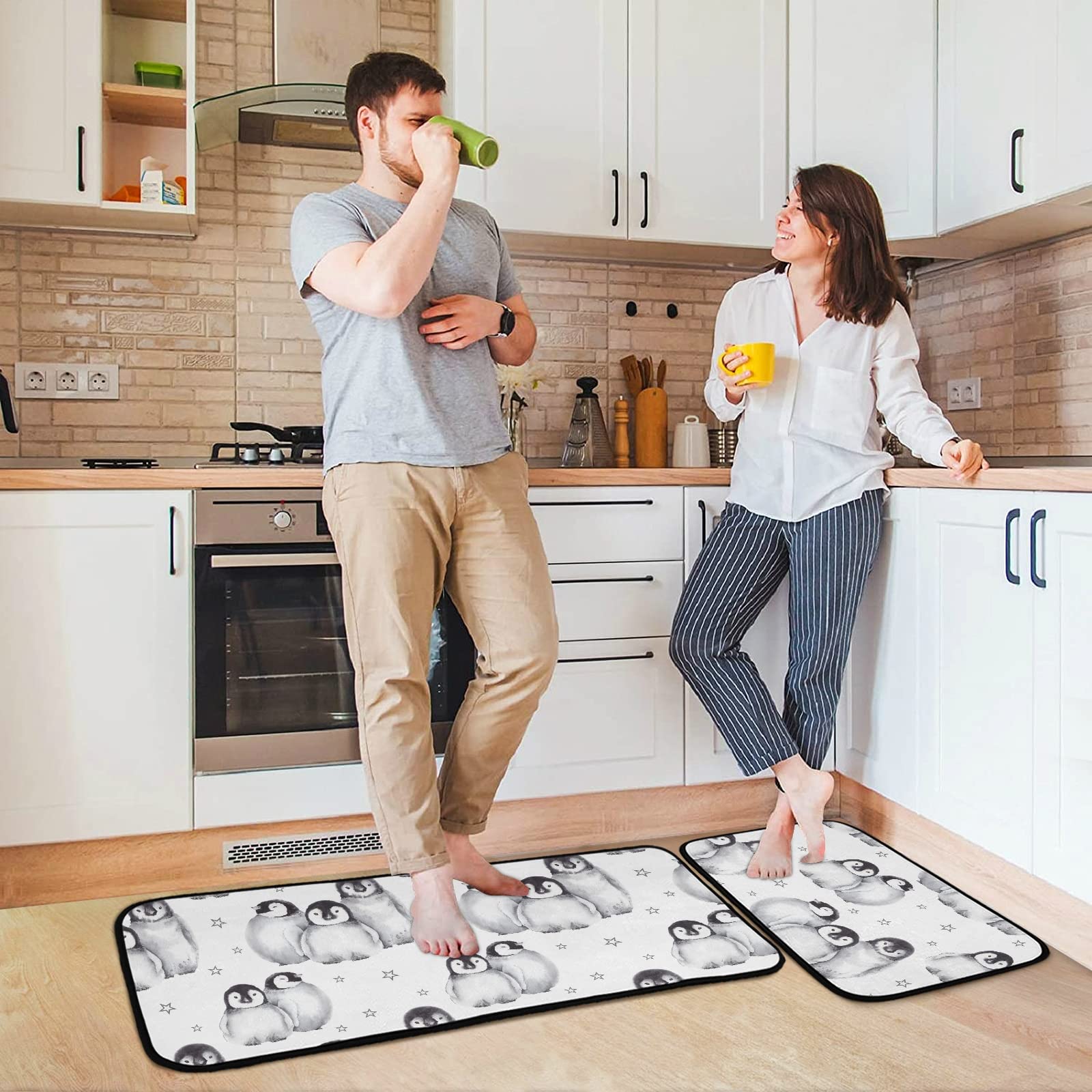 Cute Baby Penguins Kitchen Mat Set of 2 Anti-Fatigue Kitchen Rug Set Washable Non Slip Cushioned Foam Kitchen Runner Rugs and Mats Comfort Standing Mat for Floor Home Decor Doormat