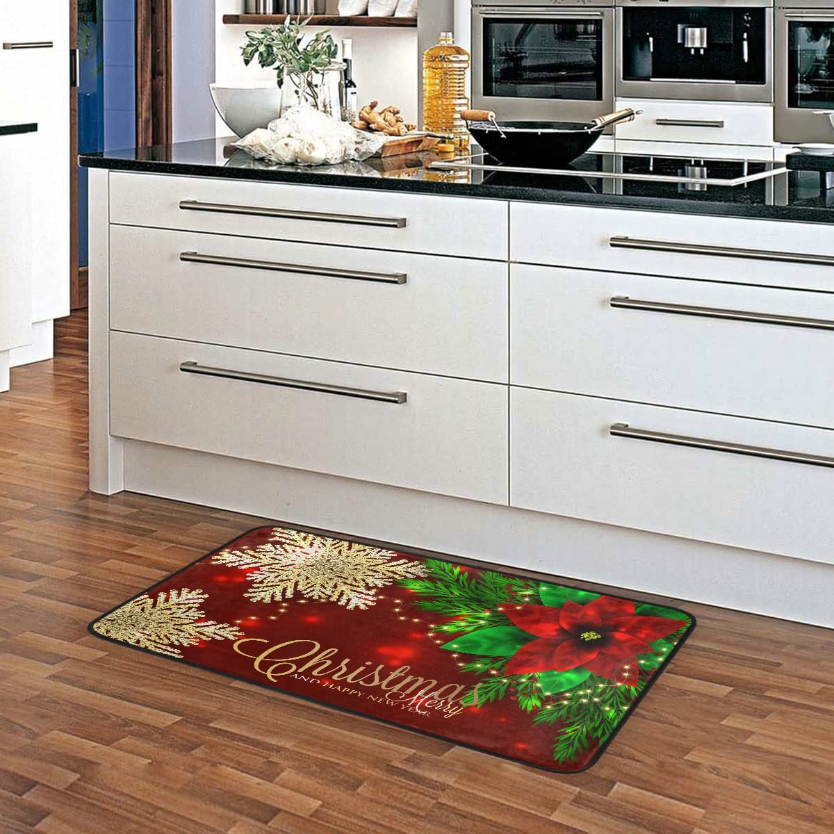 Christmas Poinsettia and Snowflakes Kitchen Rugs Non-Slip Kitchen Mats 39 x 20 Inches Bath Runner Rug Doormats Area Mat Rugs Carpet Cushioned Mat for Home Decor