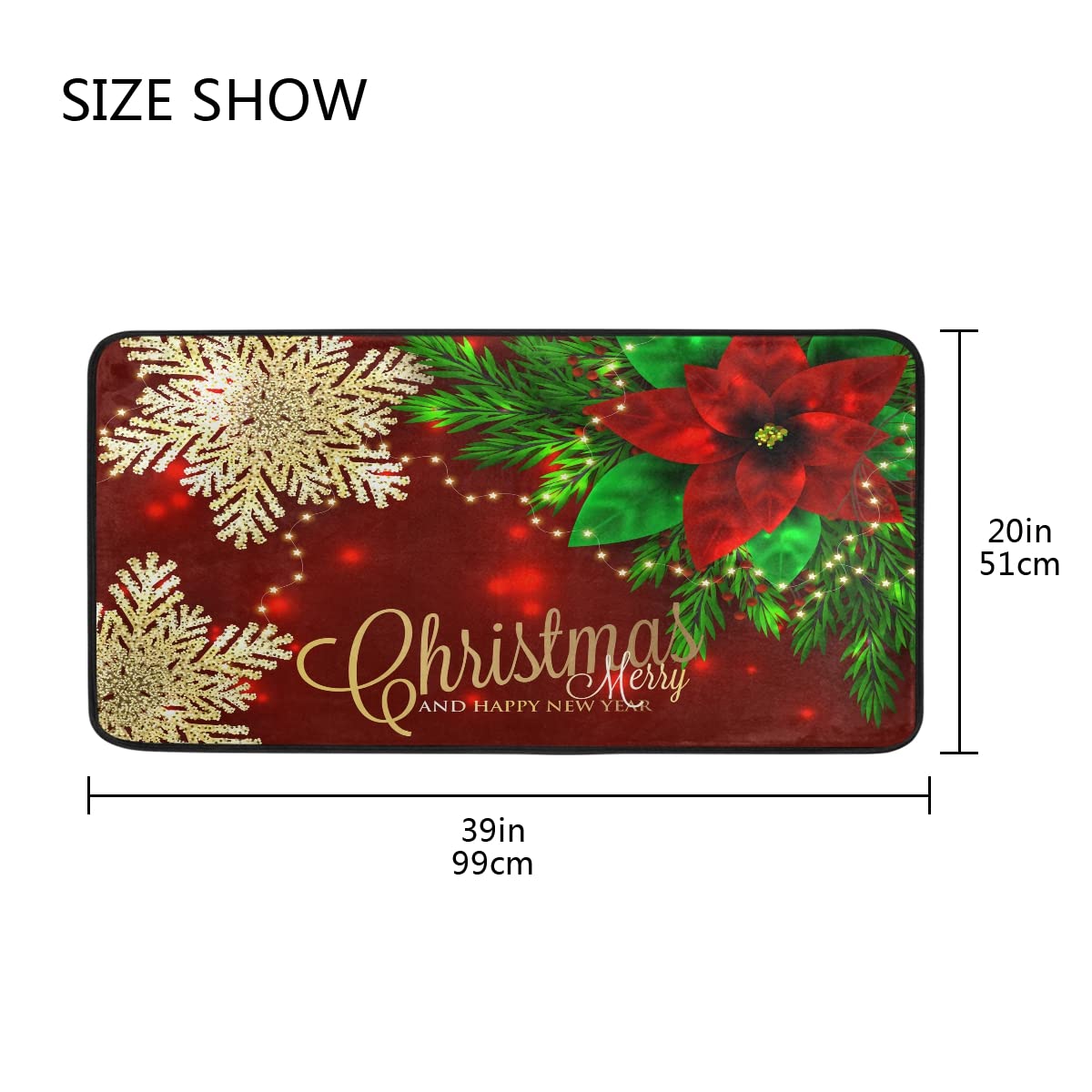 Christmas Poinsettia and Snowflakes Kitchen Rugs Non-Slip Kitchen Mats 39 x 20 Inches Bath Runner Rug Doormats Area Mat Rugs Carpet Cushioned Mat for Home Decor