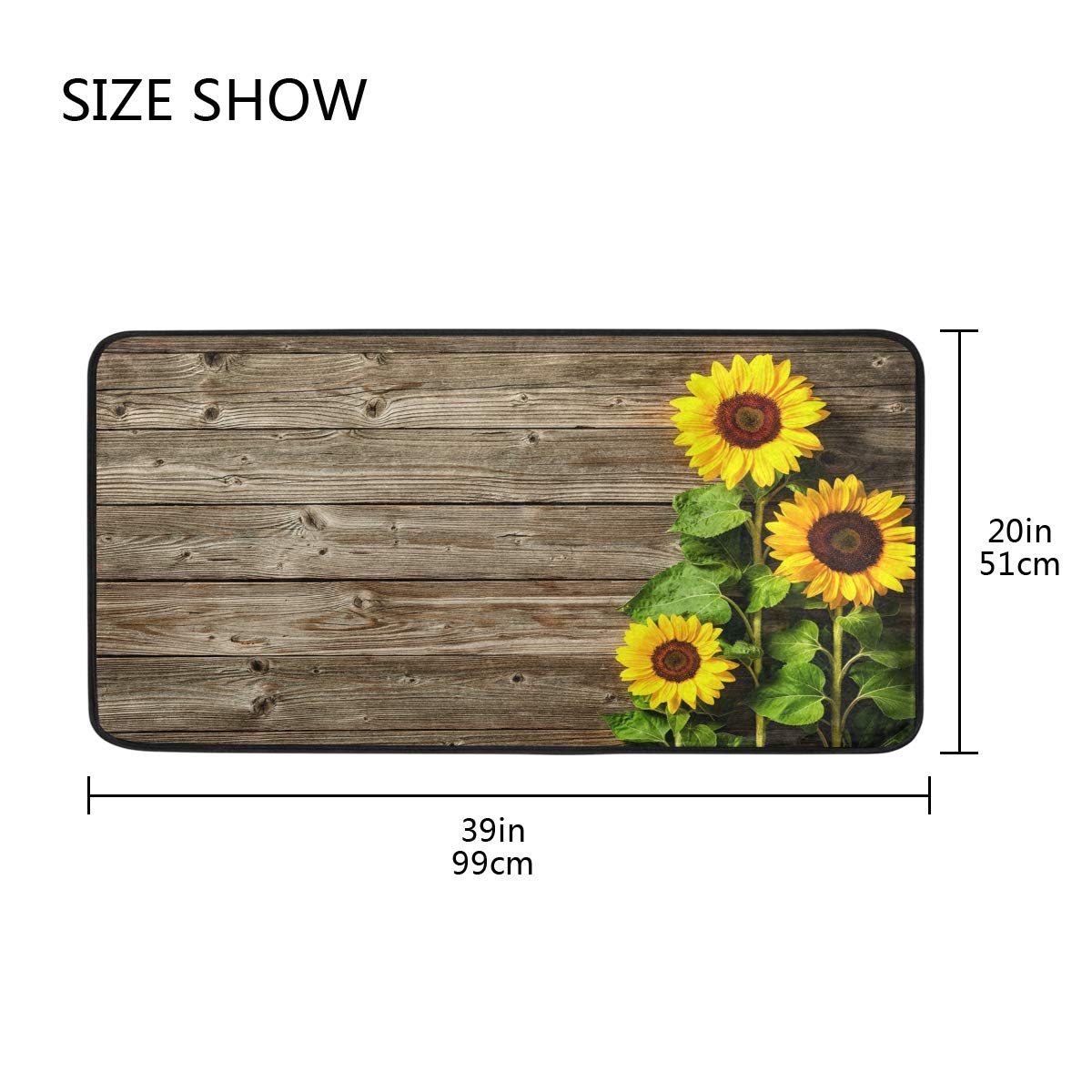 susiyo Kitchen Rug Mat, Yellow Sunflowers on Wooden Board Kitchen Mat Anti-Fatigue Comfort Floor Mat Non Slip Oil Stain Resistant Easy to Clean Kitchen Rug Bath Rug Carpet for Indoor Outdoor Doormat