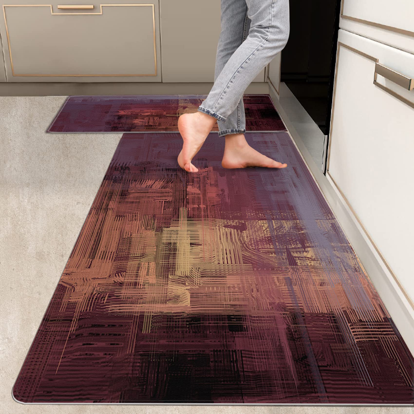 RYANZA 2 Pieces Kitchen Rugs, Abstract Anti Fatigue Non Slip Foam Cushioned Burgundy Red Yellow Comfort Art Modern Indoor Floor Mat Runner Rug Set for Laundry Office Sink Bathroom (16"x48"+16"x24")