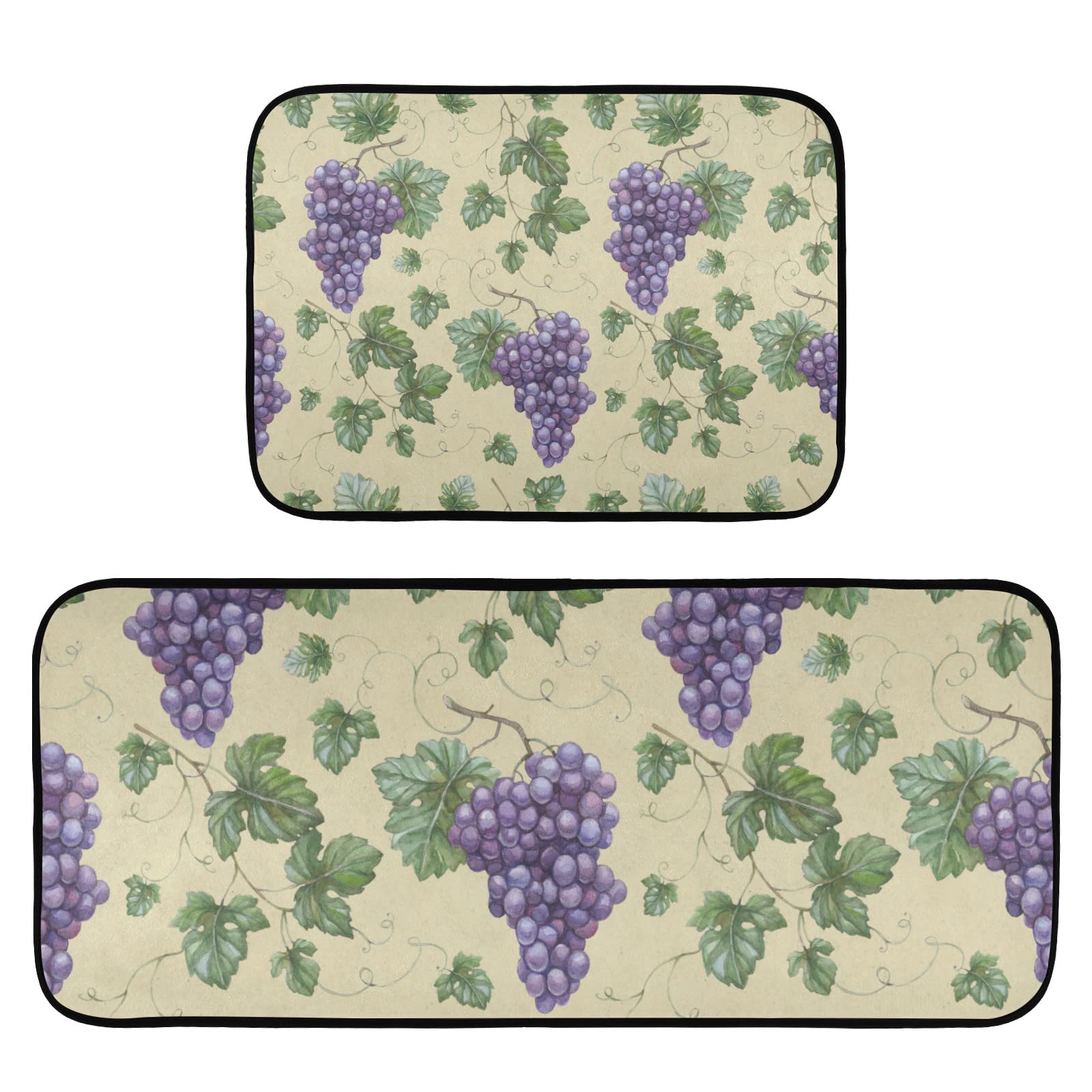 ALAZA Purple Grape Green Leaves Kitchen Rug Set, 2 Piece Set, Non-Slip Floor Mat for Living Room Bedroom Dorm Home Decor, 19.7 x 27.6 Inch + 19.7 x 47.2 Inch