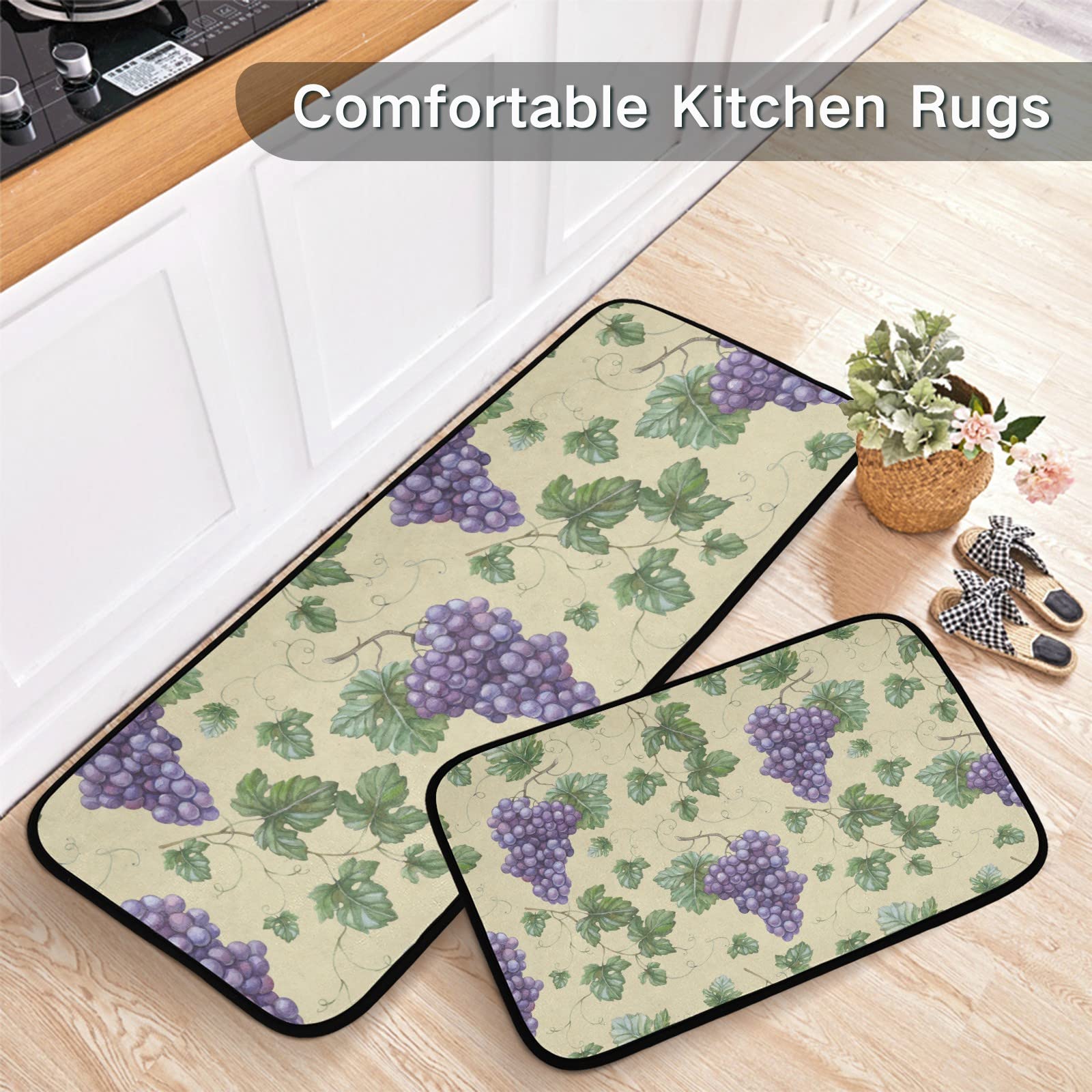 ALAZA Purple Grape Green Leaves Kitchen Rug Set, 2 Piece Set, Non-Slip Floor Mat for Living Room Bedroom Dorm Home Decor, 19.7 x 27.6 Inch + 19.7 x 47.2 Inch