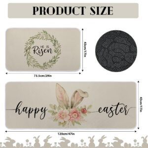 Riakrum 2 Pcs Easter Kitchen Rug Cute Bunny Ears Easter Doormat Seasonal Floral Easter Rug Non Slip Spring Mat for Kitchen Indoor Outdoor Yard Entrance Floor Garage Patio