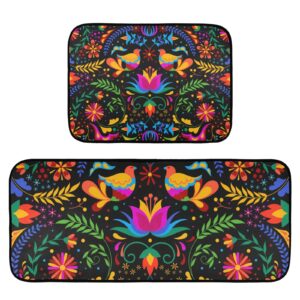 ZENWAWA Mexican Floral Bird Kitchen Rug 2 Pieces Set, Kitchen Mats Water Absorbent Comfort Standing Floor Rugs for Kitchen Sink Laundry Room