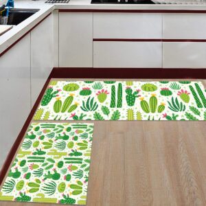 kitchen rugs, cactus succulent plants green tile pattern non slip runner rug mat for floor, kitchen, bedside, sink, office, laundry, set of 2