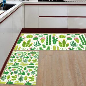 Kitchen Rugs, Cactus Succulent Plants Green Tile Pattern Non Slip Runner Rug Mat for Floor, Kitchen, Bedside, Sink, Office, Laundry, Set of 2