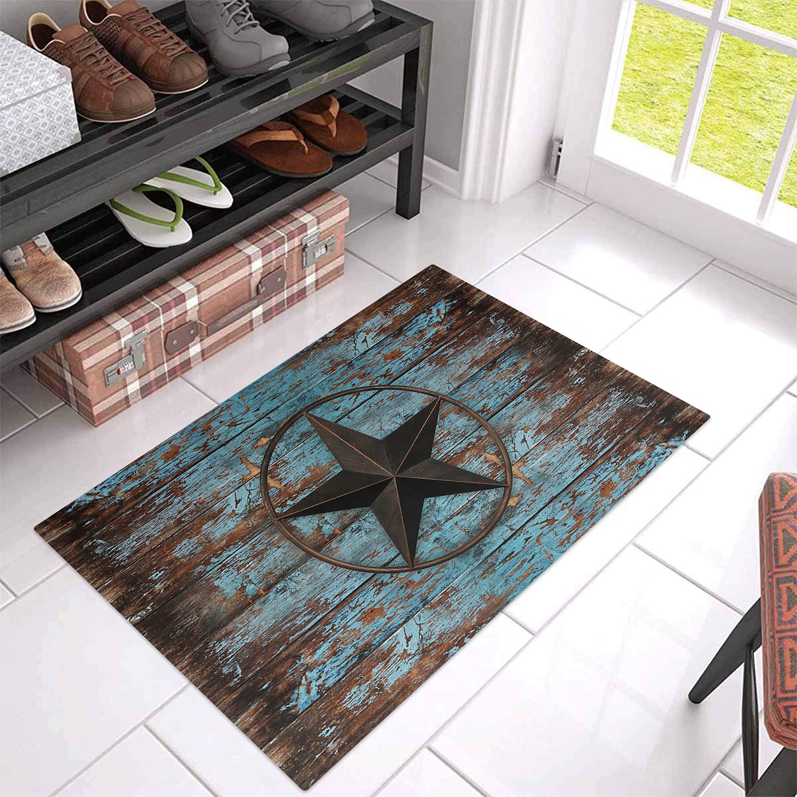 Welcome Doormat Western Country Star Texas Vintage Blue Wood Board,Non Slip Indoor Floor Mat Bath Rug,Rustic Wooden Grain Entrance Carpet for Bedroom Kitchen Living Room Bathroom Decor 16x24In