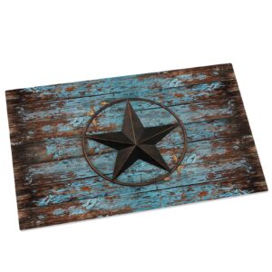 Welcome Doormat Western Country Star Texas Vintage Blue Wood Board,Non Slip Indoor Floor Mat Bath Rug,Rustic Wooden Grain Entrance Carpet for Bedroom Kitchen Living Room Bathroom Decor 16x24In