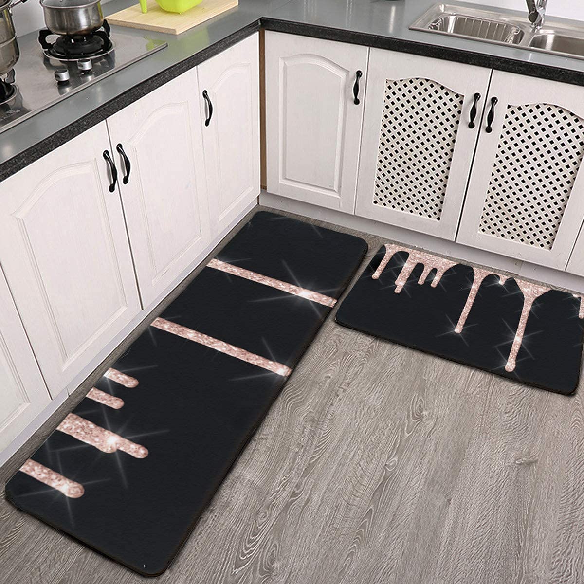 SXCVD 2 Pcs Kitchen Rug Set Sparkly Glitter Drips Pink Rose Gold Blush Black Non-Slip Kitchen Mats and Rugs Soft Flannel Non-Slip Area Runner Rugs Washable Durable Doormat Carpet