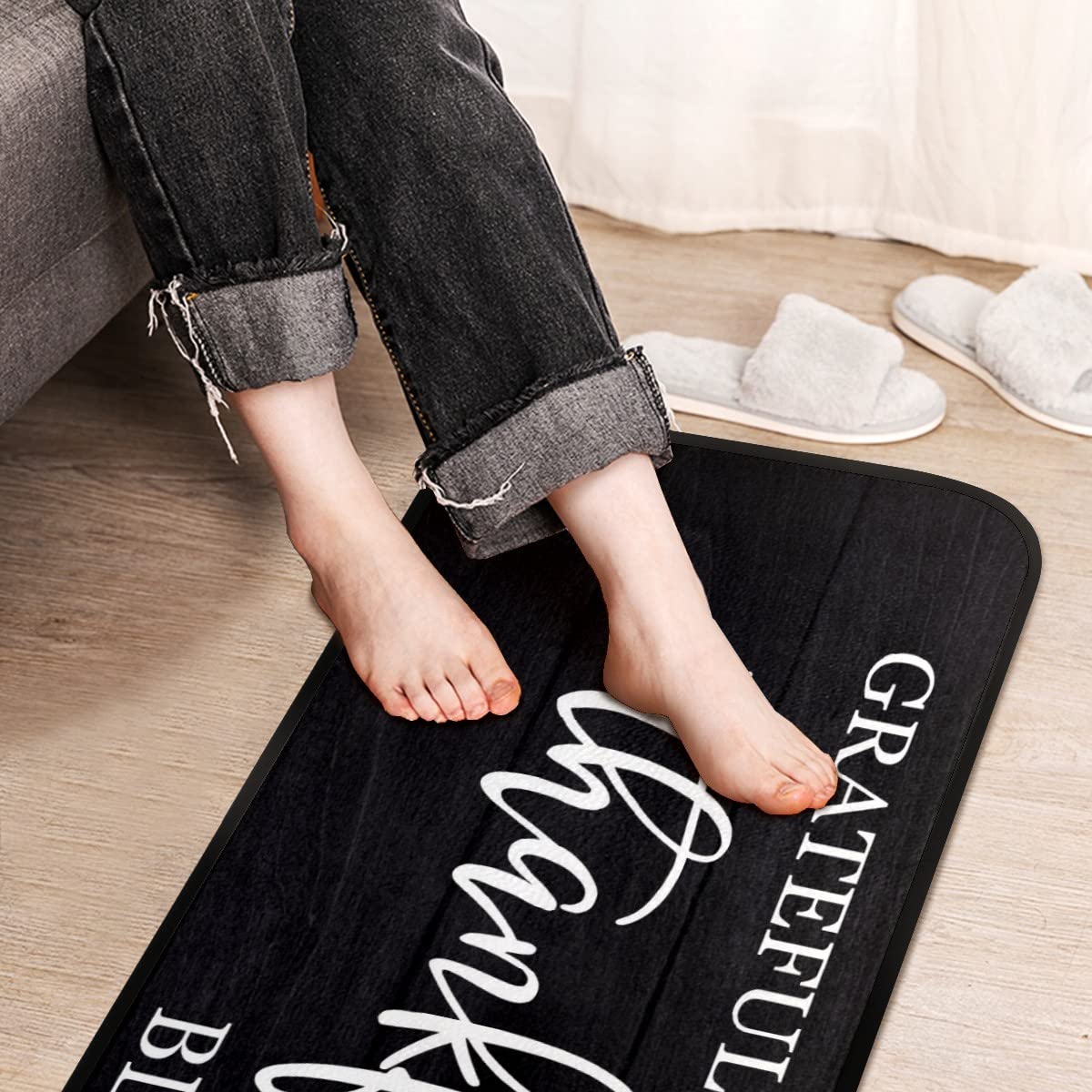 Thankful Grateful Blessed Kitchen Rug 40 x 20 Inch Non-Slip Cushioned Comfort Entryway Door Mats Perfect Carpet for Home Decor