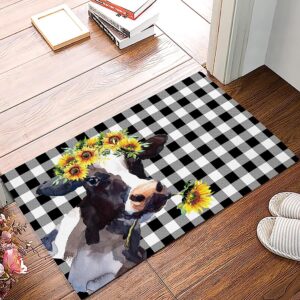 door mat for bedroom decor, cow farm animal yellow sunflower cow buffalo check black white floor mats, absorbent rugs for living room, non-slip bathroom rugs home decor kitchen mat area rug 18x30 inch