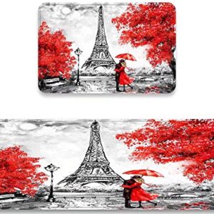 Paris Kitchen Rug Set 2 Pieces Elegant Paris Eiffel Tower France Couple Red Umbrella Trees Comfort Mat Cushioned Floor Mats Washable Doormat Anti Fatigue Non-Slip Chef Runner Rugs Bedroom Area Carpet