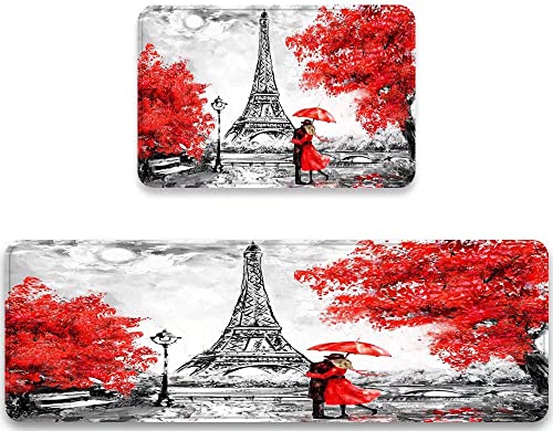 Paris Kitchen Rug Set 2 Pieces Elegant Paris Eiffel Tower France Couple Red Umbrella Trees Comfort Mat Cushioned Floor Mats Washable Doormat Anti Fatigue Non-Slip Chef Runner Rugs Bedroom Area Carpet