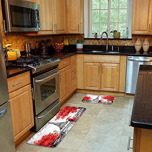 Paris Kitchen Rug Set 2 Pieces Elegant Paris Eiffel Tower France Couple Red Umbrella Trees Comfort Mat Cushioned Floor Mats Washable Doormat Anti Fatigue Non-Slip Chef Runner Rugs Bedroom Area Carpet