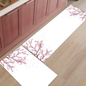 Midetoy 2 Piece Kitchen Rug Set Non Slip Cushioned Floor Mat Elegant Cherry Blossoms Kitchen Rugs Washable Doormat 17"X48"+17"X24"