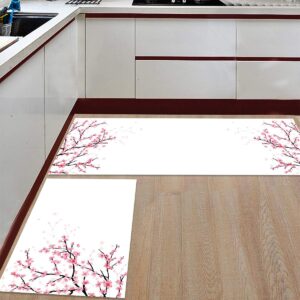 Midetoy 2 Piece Kitchen Rug Set Non Slip Cushioned Floor Mat Elegant Cherry Blossoms Kitchen Rugs Washable Doormat 17"X48"+17"X24"