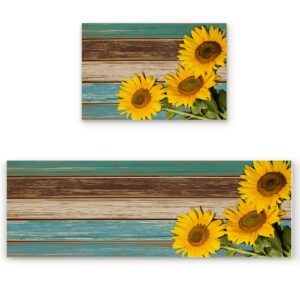housein kitchen rugs and mats non skid washable, wooden texture sunflower absorbent floor runner rugs and carpets for kitchen, lau 15.7x23.6 inch+15.7x47.2 inch