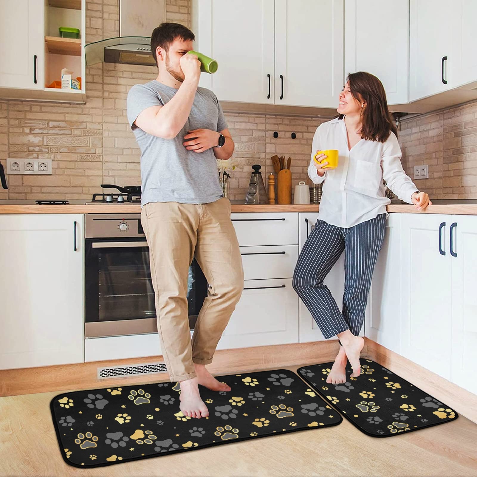 Gold Dog Paw Kitchen Mat Set of 2 Anti-Fatigue Kitchen Rug Set Non Slip Cushioned Heavy Duty Foam Kitchen Runner Rugs and Mats Comfort Standing Mat for Floor Home Decor Doormat