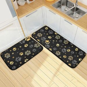 Gold Dog Paw Kitchen Mat Set of 2 Anti-Fatigue Kitchen Rug Set Non Slip Cushioned Heavy Duty Foam Kitchen Runner Rugs and Mats Comfort Standing Mat for Floor Home Decor Doormat